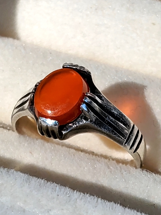 925 Sterling Silver Jewelry - Vintage Sterling Silver Orange Cabochon Ring Size 6.5 Statement Ring